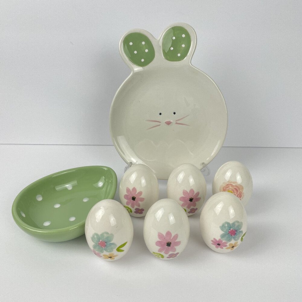 Ceramic Easter Bunny Plate & 6 Floral Egg Set - Shabby Chic Decor
